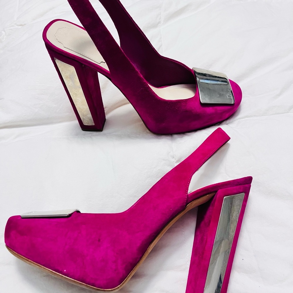 Dior Fuchsia Slingback Heels with Silver Accents